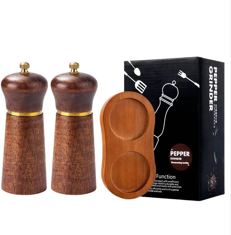 INF 5-Zoll Retro Eichenholz Pfeffermühle 2er-Set mit Eichenholzsockel - Manuelle Gewürzmühle