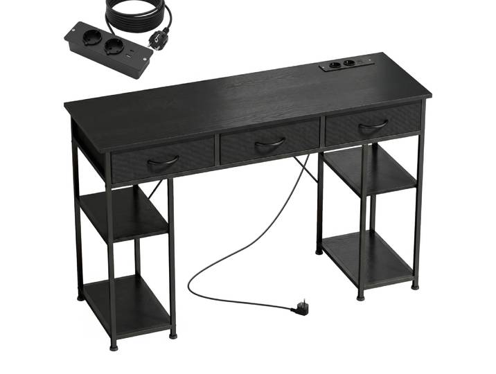 Bureau informatique avec prises électriques tiroirs étagères bois noir