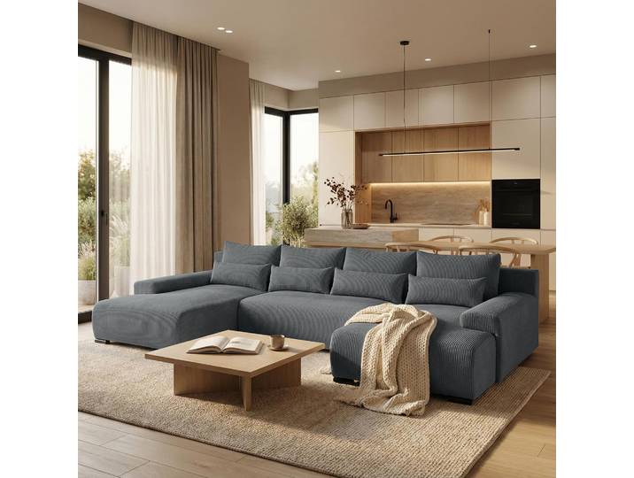 Ecksofa BENNY Grau U-Form Modernes Polstersofa mit Schlaffunktion und Bettkasten