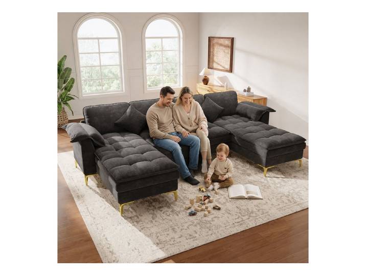 i@home Ecksofa U‑förmiges Sofa mit 2 Chaiselongues, 4‑Sitzer Moduldesign, doppellagigen Schaumkissen, Chenille, geeignet für Wohnzimmer, Grau
