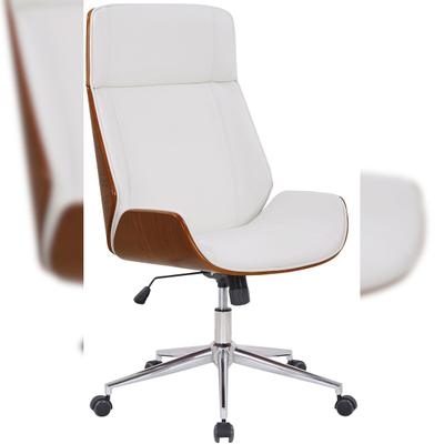 Décoshop26 - Bürostuhl mit hoher Rückenlehne und Rollen weißer Kunststoffbezug und Walnussholz höhenverstellbar BUR10455