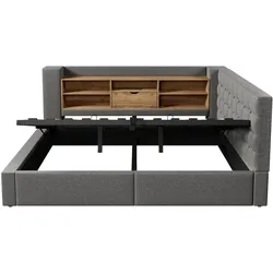 STILVORA Polsterbett Leinen Grau 140x200 cm mit Matratze, LED, Stauraum, Ladeanschlüssen