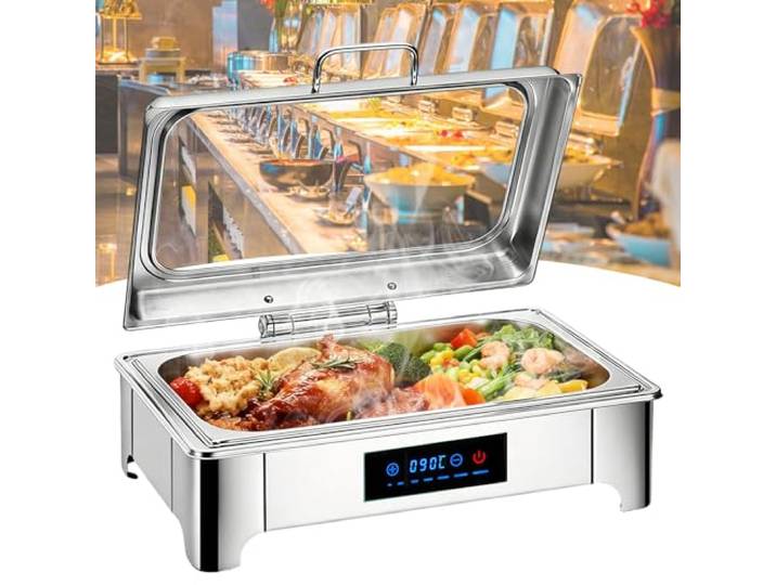 VFDZ Chafing Dish Elektrisch Glasdeckel, 9L Edelstahl(Full Pan) Speisewärmer Buffetwärmer Elektrisch Einstellbarer Temperatur, Warmhaltebehälter für Speisen für Catering, Buffet, Party