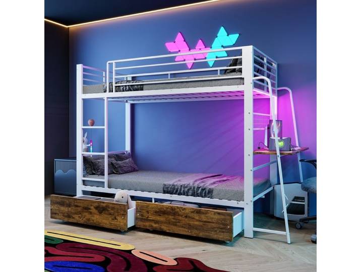 Lit Superposé Métal 90x200cm-Lit Superposé 2 Places avec 2 Tiroirs-Cadre De Lit avec Échelle Sécurisée-Blanc-sans Matelas
