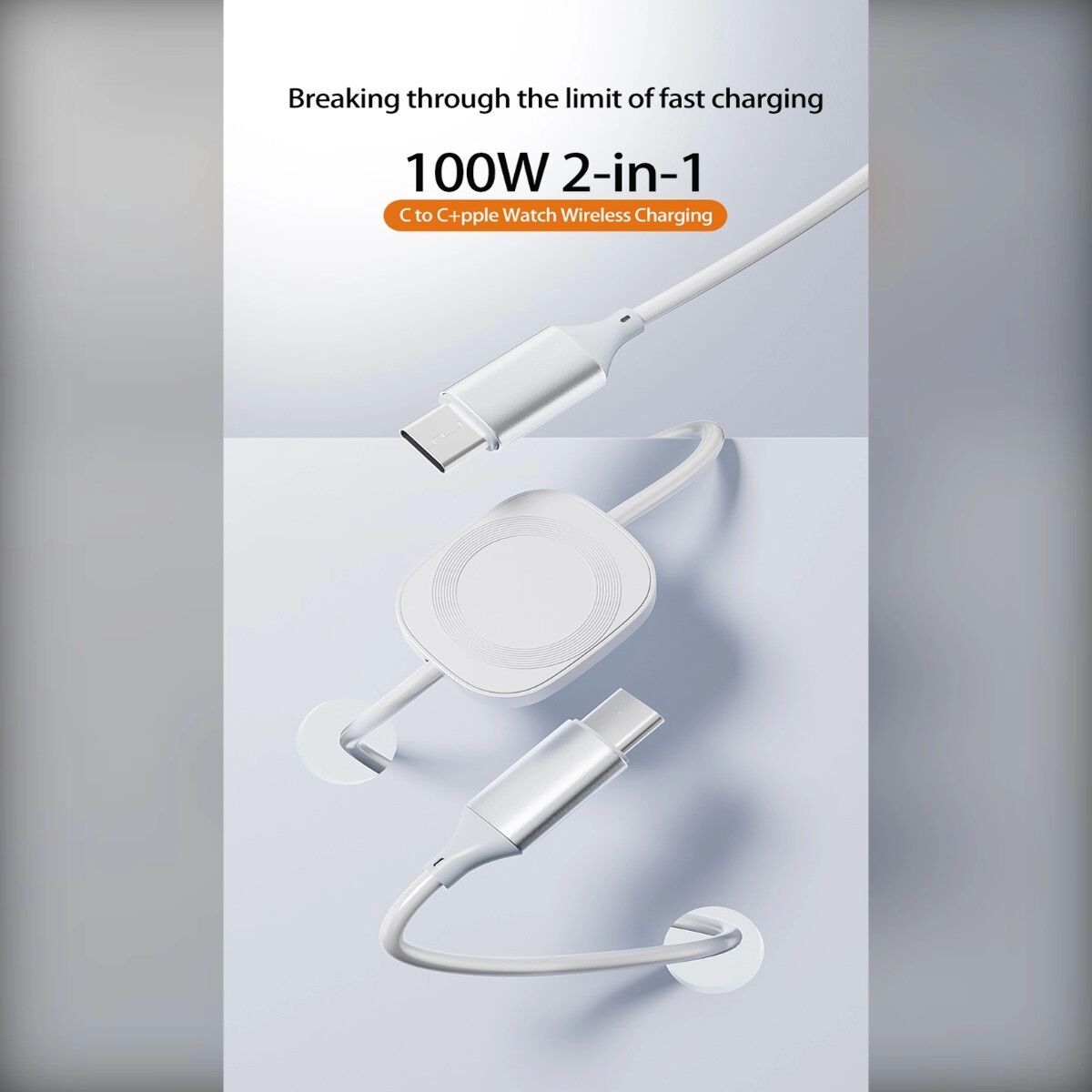 INF 2-in-1 100W magnetisches kabelloses Ladekabel – schnelles USB-C PD Ladegerät mit magnetischem Uhrenpad, kompatibel mit Weiß