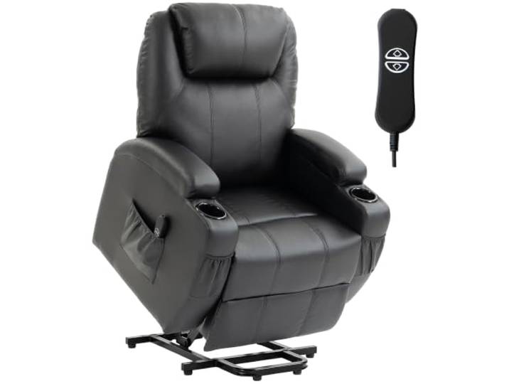 HOMCOM Fernsehsessel Relaxsessel mit Aufstehhilfe Elektrisch Schwarz TV-Sessel mit Liegefunktion, Fernbedienung mit USB-Anschluss, Becherhalter, Seitentasche, Kunstleder