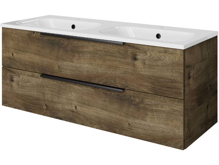 Badmöbel-Set SAPHIR Mineralmarmor-Waschtisch mit Waschtischunterschrank , braun (eiche ribbeck quer nachbildung), B:121cm H:50cm T:46cm, Holzwerkstoff, Kastenmöbel-Sets, Badmöbel-Set