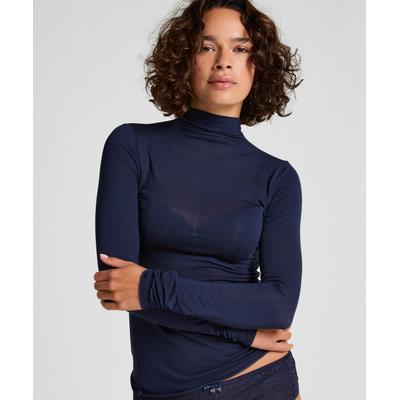 Pyjama HUNKEMÖLLER "super soft Turtleneck shirt with Cashmere", Damen, Gr. L, blau, 85% Modal, 10% Kaschmirwolle, 5% Elasthan, Homewear-Sets Pyjama