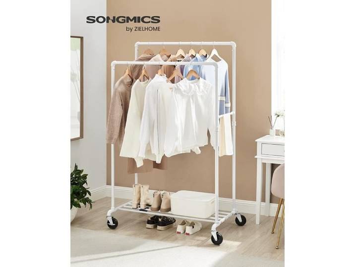 Portant à Vêtements à roulettes - SONGMICS - Double Tringle - Étagère de Rangement - Blanc HSR060W01