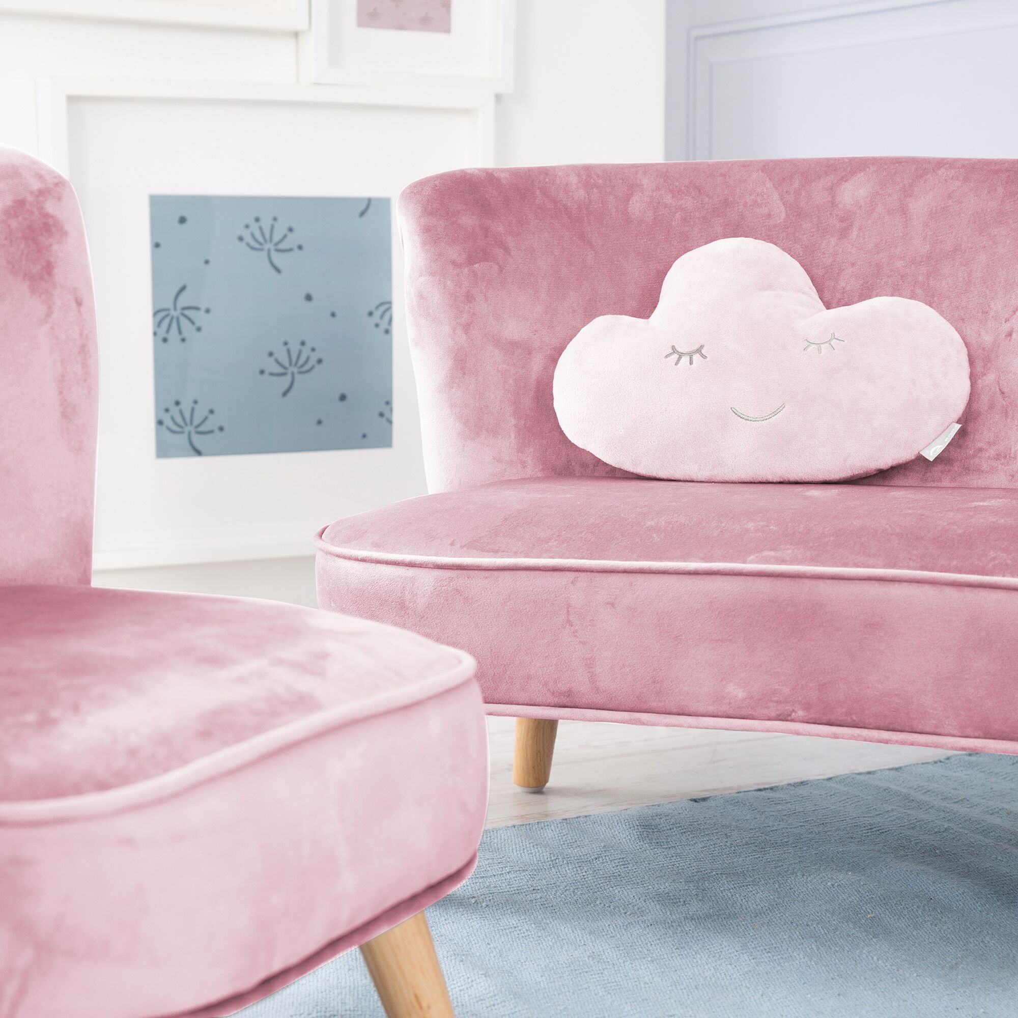 Kindersitzgruppe ROBA "Lil Sofa", bunt (rosa, mauve), Sitzmöbel-Sets, Baby, Samt, Kindersitzgruppe, bestehend aus Kindersofa, Kindersessel und Dekokissen in Wolkenform