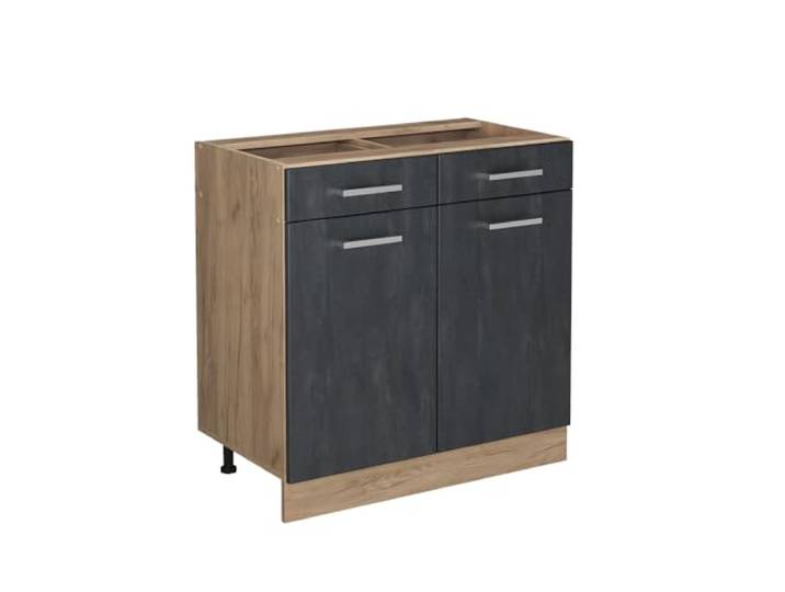 Vicco Küchenunterschrank R-Line, Schwarz Beton, 80 cm 2 Schubladen · Ohne Arbeitsplatte · Höhenverst. Füße · 2 Türen · Leichter Zugriff