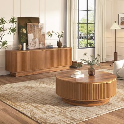 GDFStudio Viremont Wood Fluted Coffee Table and TV Console Set with Hidden Storage