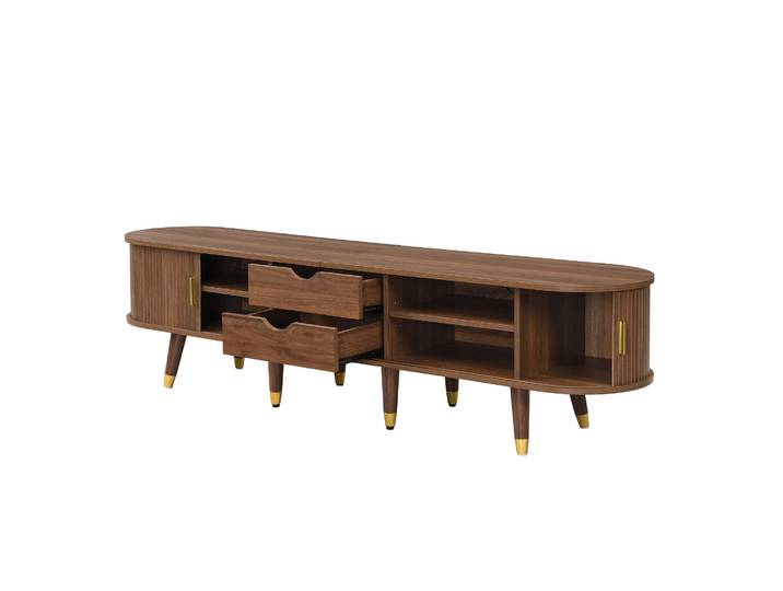 Meuble Tv 175cm Style Campagnard\, Portes Coulissantes Rotin\, Finition Noyer\, Grand Rangement\, Tiroirs & Compartiments Ouverts\, Mdf