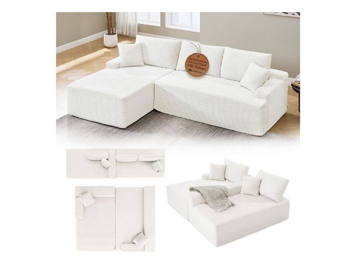 Juskys Ecksofa Coredo, Ecksofa, mit Rücken- & Dekokissen, Cordbezug, Modular platzierbar