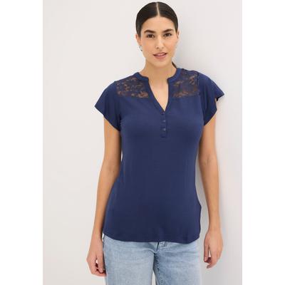 Henleyshirt BONPRIX "Henleyshirt aus Viskose-Mix", Damen, Gr. 36/38 (S), blau (dunkelblau), Obermaterial: 95% Viskose, 5% Elasthan. Spitze: 95% Polyester, 5% Elasthan, figurumspielend, Shirts, figurumschmeichelnde Passform, Kurzarm, aus Viskose-Mix...