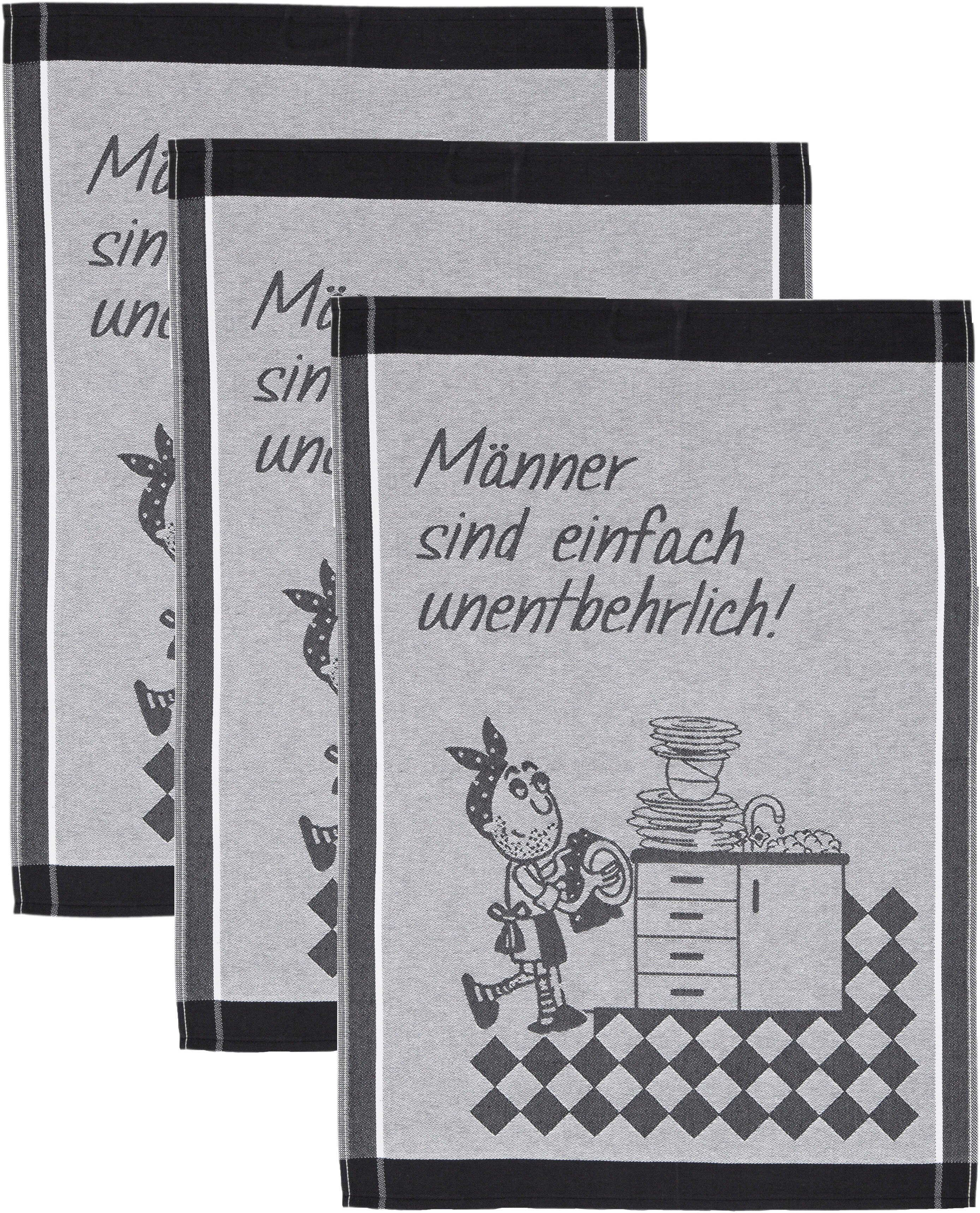Geschirrtuch ROSS "Männer sind einfach unentbehrlich", schwarz (schwarz, grau), B:50cm L:70cm, 100% Baumwolle, Geschirrtücher, Geschirrtuch, Sprüchetuch, aus 100% Baumwolle schwarz, grau 3 Stk., 100 % Baumwolle