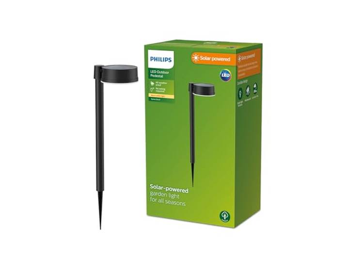 PHILIPS Outdoor Solar Vynce Sockelleuchte Spiess 1,5W, Tageslichtsensor, rund, 2700 Kelvin, IP44 wetterfest, schwarz
