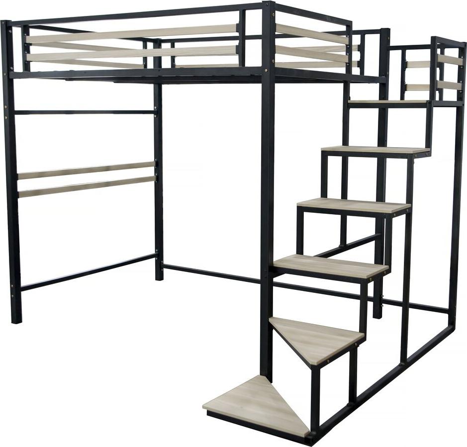 Hochbett aus Metall mit Treppe "LENA" - 140 x 200 cm - Schwarz