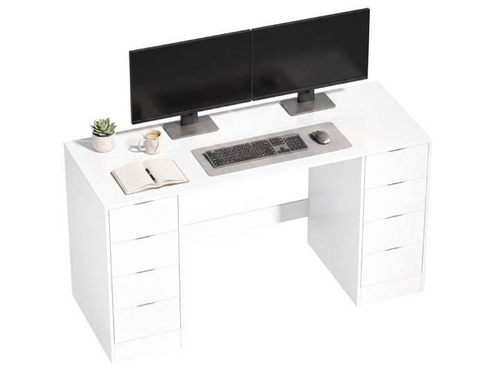 Bureau de 140 cm avec 8 tiroirs bureau moderne avec espace de rangement aspect bois blanc