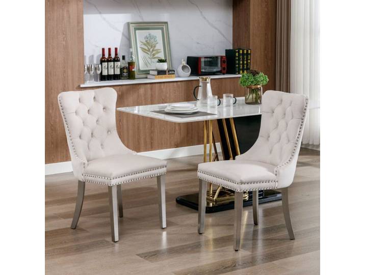 Chaise de salle à manger - NIKKI COLLECTION - DE1701BG - Velours beige - Bois massif - Pieds acier chromé