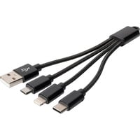 3-in-1 Ladekabel, USB-A 2.0 > Lightning + USB-C + Micro-USB schwarz, 0,15 Meter, Laden mit bis zu 10 Watt