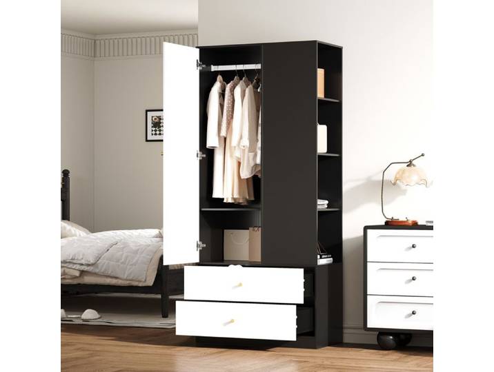 Armoire - Armoire avec miroir une porte - 2 tiroirs - 4 étagères - Blanc/Noir