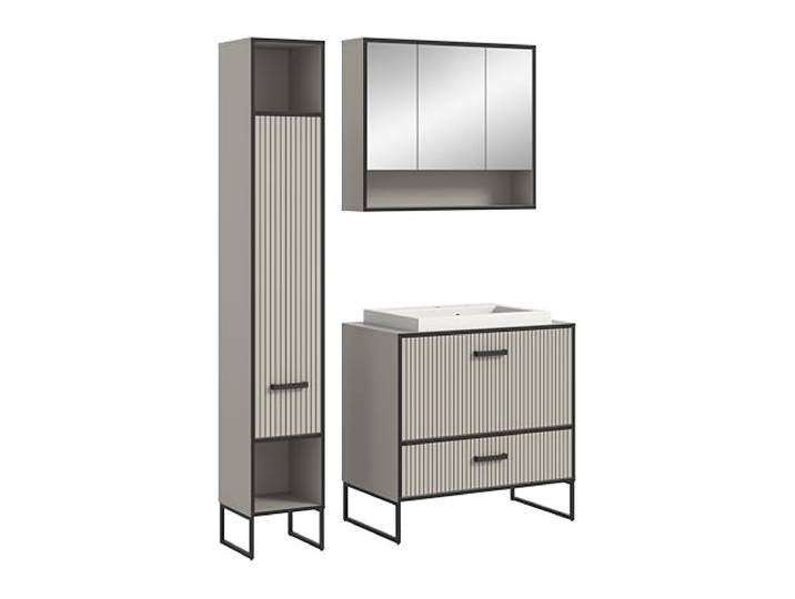 xonox.home Badezimmer Bagno 3tlg. Kombination Badmöbel Set kleine Bäder Komplettprogramm Bademöbel-Set in Kaschmir beige Nb. Absetzung schwarz Nb.
