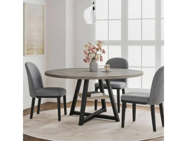 GarveeMore 5-teiliges Rund-Esstisch-Set 120cm aus Eisenholz mit Ablageboden 4 Stühlen, halbrunder Rückenlehne, bis 227 kg belastbar, höhenverstellbare Gummifüße, Esggruppe für Küche Wohnung Balkon Café