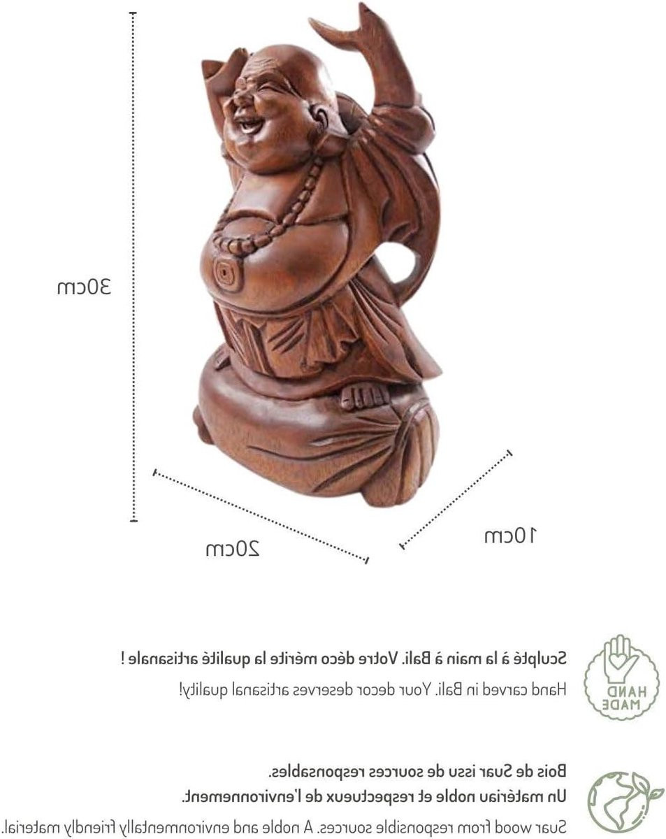 Handgesneden houten Boeddha beeld - Geluksboeddha figuur voor interieur decoratie - Bruin - Hoogte: 30 cm