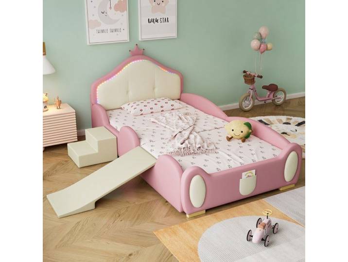 Lit enfant - MAISENTIEL - Lit enfant rembourré couronne - 90 x 200 cm - PU rose et beige - LED intégrée