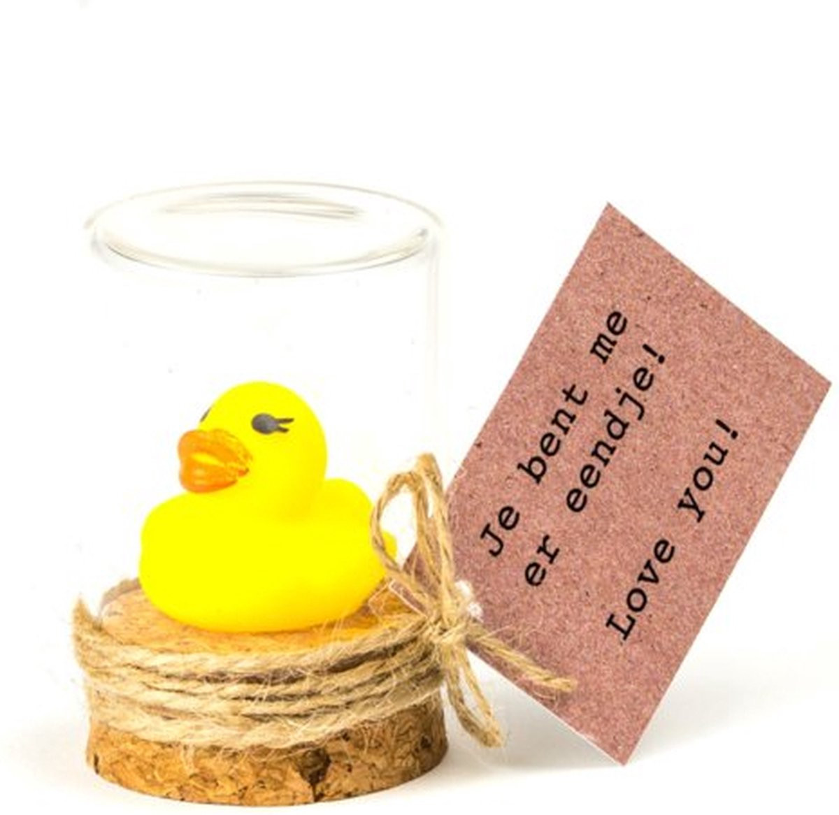 Schattig eendje in glazen stolp met tekst Je bent me er eendje! Love you! Hoogte: 6 cm