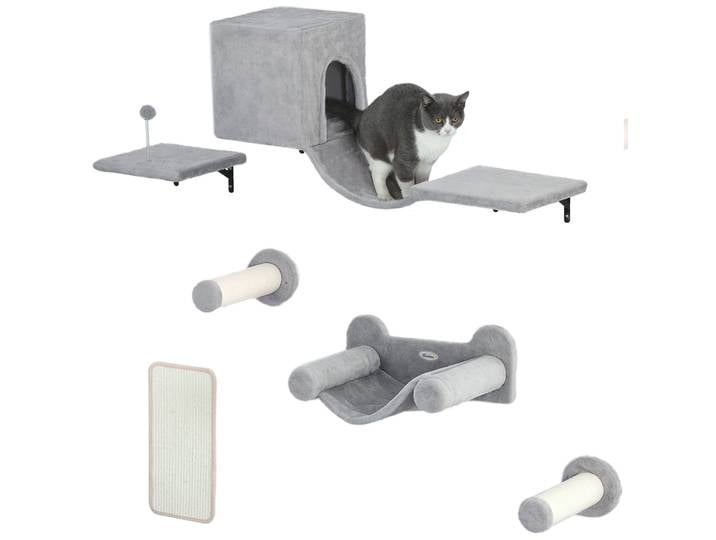 Ensemble d'escalade murale pour chat Pawhut 6 pièces avec plateforme, hamac, échelles et griffoir