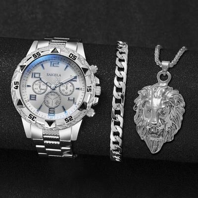 Uplift Picks 3 Piece Mens Watch Set Steel Band Business Quartz Arabic Dial Watches silver White