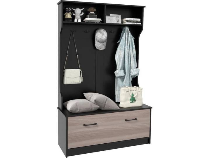 GOPLUS Portemanteaux pour Entrée Meuble Entrée avec Banc Armoire de rangement 5 Crochets Doubles 100X40X160CM Noir
