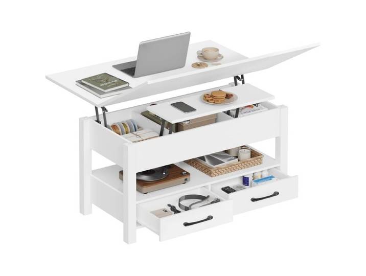 Woltu Table Basse Relevable Tiroirs de Rangement avec Compartiment Caché et Rangement Ouvert Blanc