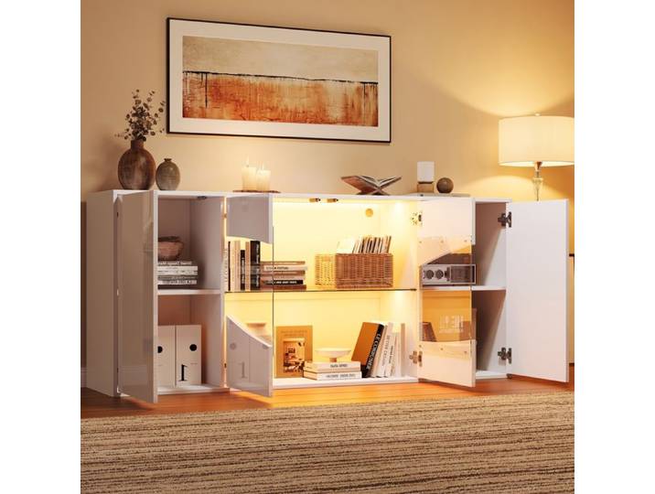 MEUBLIV Buffet vitrine LED RGB blanc brillant 160 x 35 x 70 cm 4 portes et 6 compartiments
