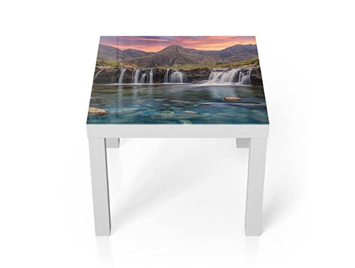 DEQORI Glastisch weiß klein 55x55 cm Motiv Wasserfälle im Abendlicht ausgefallener Beistelltisch aus Glas Hochglanz Couchtisch fürs Wohnzimmer moderner Couch Tisch mit Design