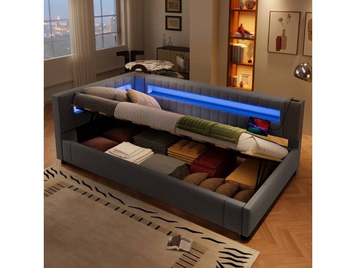 Lit 90x200cm - Lit Coffre 90x200cm - Lit Banquette - Canapé-lit avec LED Multicolore Prises USB et Type C - Lin Gris