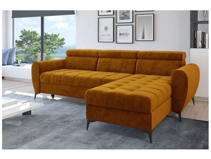Easy4You Ecksofa Bjorn Velvet L-Form Senf – 252x101x175 cm - Schlafsofa mit Bettkasten und Schlaffunktion - Eckcouch mit Stauraum - Verstellbare Kopfstützen – Stoff Monolith 48