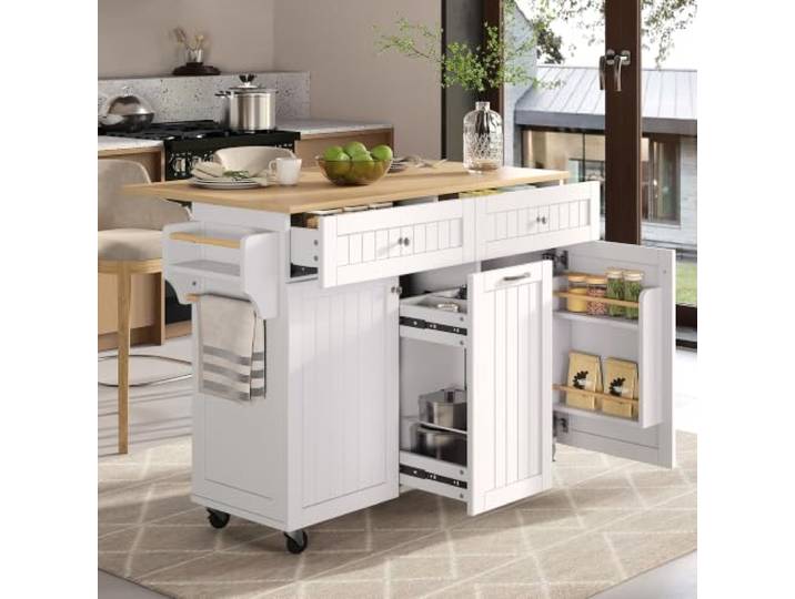 Fiednoy Kücheninsel mit ausziehbarer Arbeitsplatte, Rollen, Schubladen Feststellfunktion, 140×40-70×92 cm Massivholzbeine, Stauraum, Schubladen, Weiss Holzfarbe, Küche Esszimmer