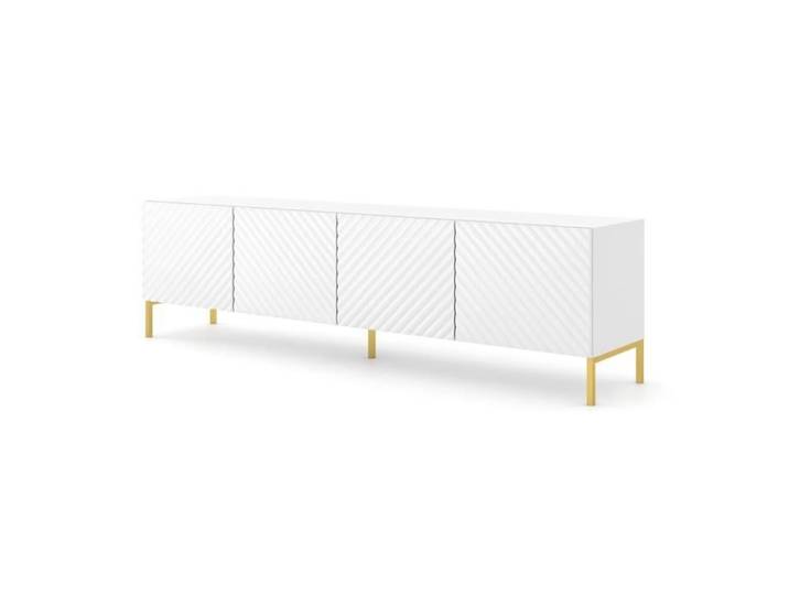 Meuble TV SURF 200 cm 4D façades fraisées blanc brillant sur pieds dorés