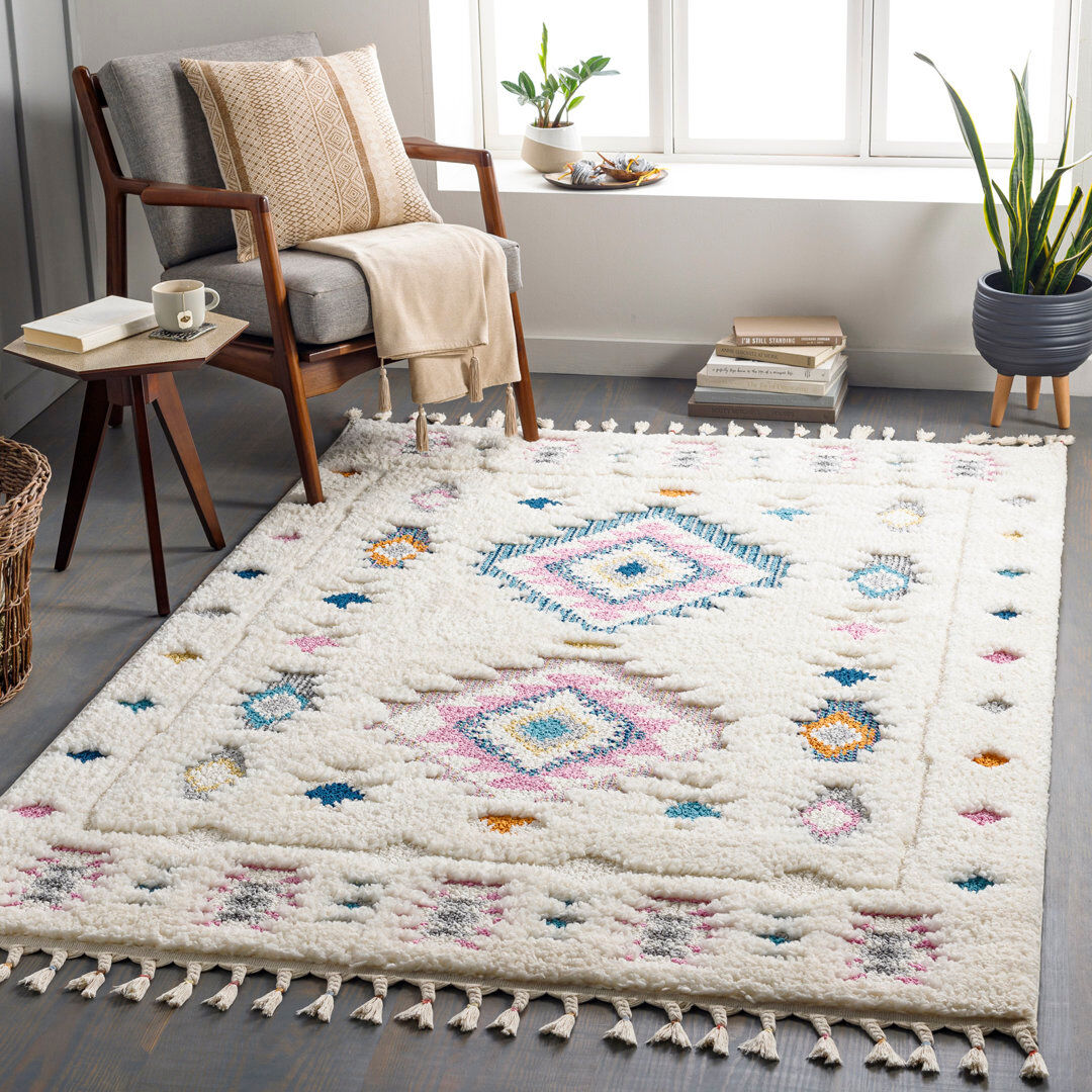 Bloomsbury Market Lunas Geometric Shaggy Area Rug Cream;Orange;White;Purple;Yellow;Black;Blue Rectangle 160 x 213cm