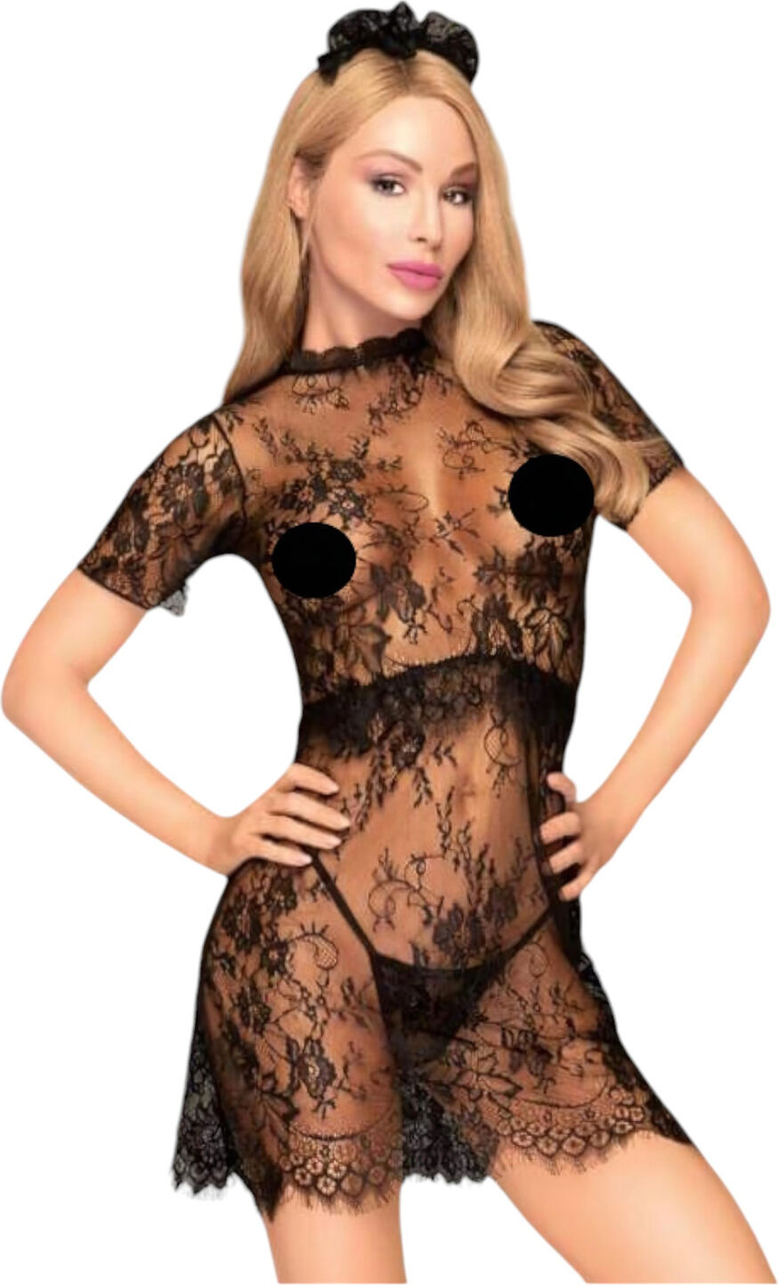 Penthouse Poison Cookie - Lace Dress, Thong & Hair Accessory Set (Black) - L/XL