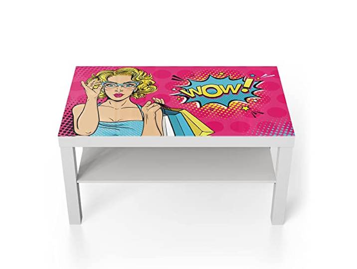 DEQORI Glastisch weiß groß 90x50 cm Motiv Blondine erstaunt: WOW ausgefallener Beistelltisch aus Glas Hochglanz Couchtisch fürs Wohnzimmer moderner Couch Tisch mit Design