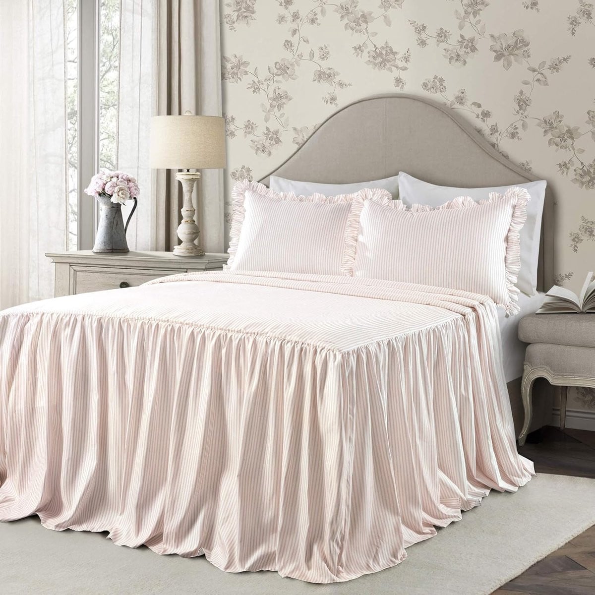 Bedsprei Set Patchwork Quilt met Elegante Ruches in Blush Roze - Queen Size
