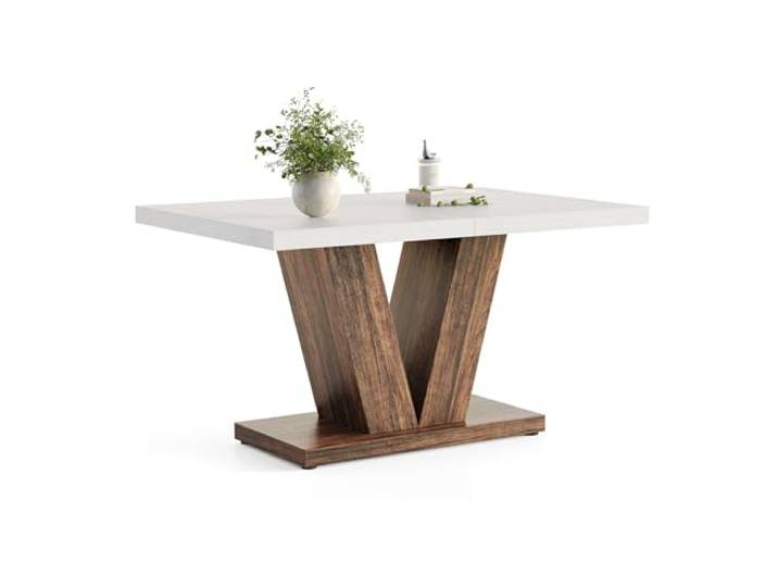 LITTLE TREE 47 Zoll Esstisch für 4 Personen, moderner Esszimmertische, weißer rechteckiger Küchentisch mit rustikalem, braunem V-förmigem Sockel, Esstisch aus Holz für Esszimmer, Küche, Wohnzimmer