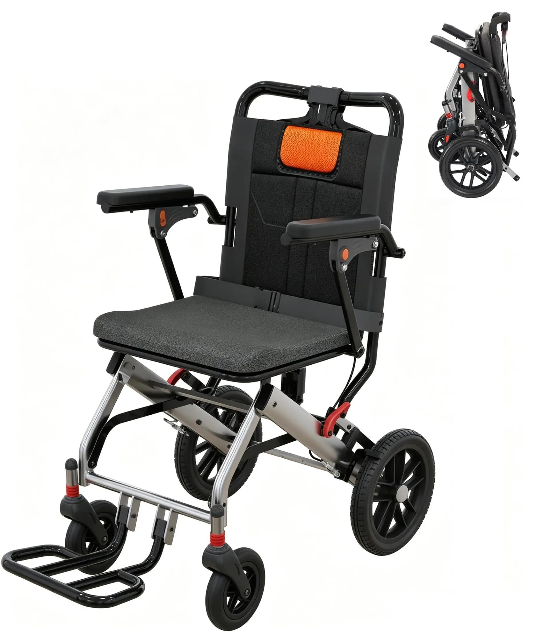 Transportrollstuhl für Senioren - Faltbares Modell - Ultraleicht - Feststell-Handbremse - Abnehmbare hochklappbare Armlehnen und schwenkbare Fußstützen - 100 kg - Grau-Orange