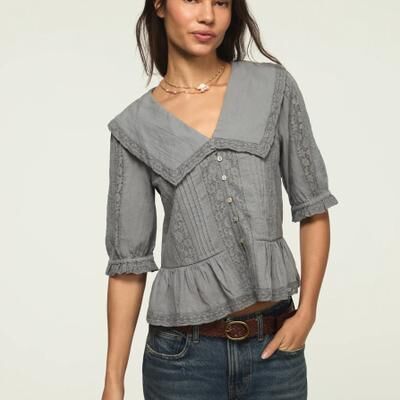 Lucky Brand Peter Pan Peplum Blouse - Women's Clothing Blouses Tops Dress Shirts in Tradewinds, Size L