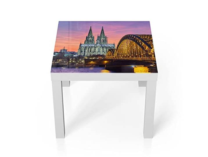DEQORI Glastisch weiß klein 55x55 cm Motiv Kölner Wahrzeichen abends ausgefallener Beistelltisch aus Glas Hochglanz Couchtisch fürs Wohnzimmer moderner Couch Tisch mit Design