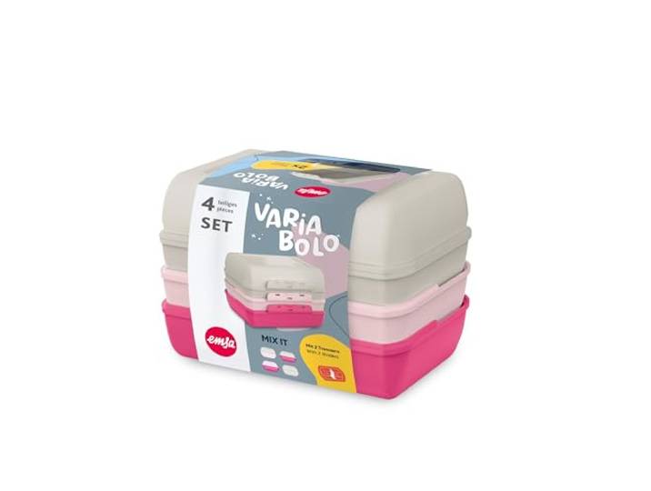 Emsa Variabolo Brotdosen-Set 4-tlg., für unterwegs, platzsparend, verschieden färbige Halbschalen, mehrere Farbkombinationen möglich, spülmaschinenfest, Grau/Pink, N1111000